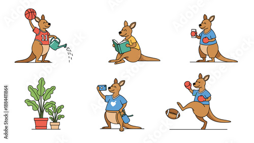 Funny set of kangaroo characters engaged in various human activities like reading, boxing, playing basketball, and taking photos.