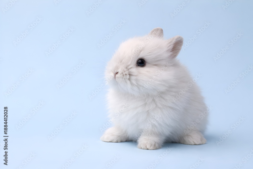 Fototapeta premium Close-up portrait of a cute fluffy white baby rabbit sitting on a solid light blue background, minimalist Easter concept.