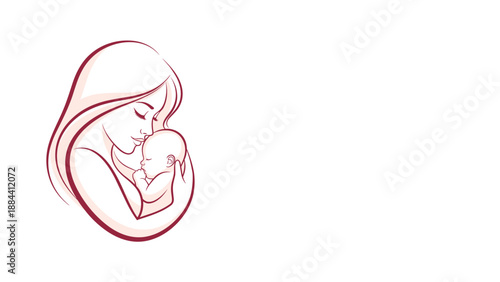 Stylized line art illustration of a loving mother gently cradling her newborn baby in a warm and protective embrace.