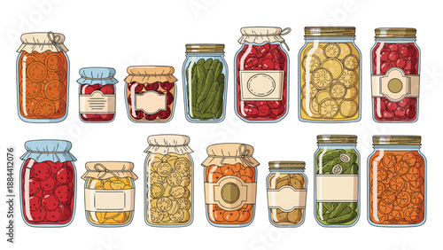 Collection of glass jars filled with various home preserved fruits and vegetables like pickles, cherries, oranges, and jams.