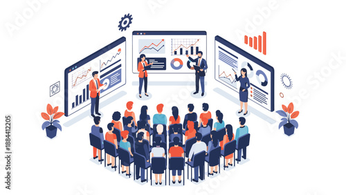 Professional business team analyzing complex data charts and financial statistics on multiple large digital screens in an office.