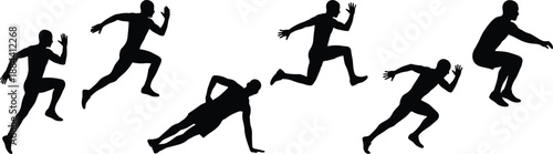 Athlete running and jumping silhouettes set showing sprint training and parkour style movements, black vector male fitness figures isolated on white background for sport and action design use