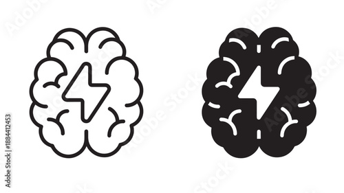 Two brain icons with lightning bolts on transparent background silhouette