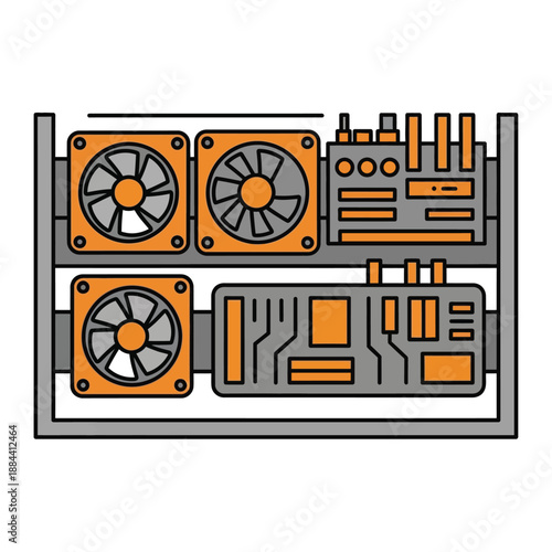 Cryptocurrency Mining Rig Setup with Cooling Fans and Circuit Boards, Illustrating Digital Asset Generation and Blockchain Technology