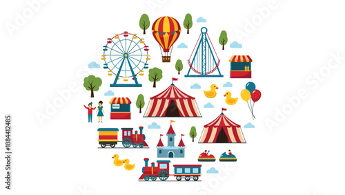 Vibrant circular arrangement of fun amusement park icons including a ferris wheel, circus tents, roller coaster, and food stalls.