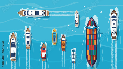 Bird's-eye view illustration of diverse maritime vessels including cargo ships, yachts, and motorboats sailing on blue sea water.