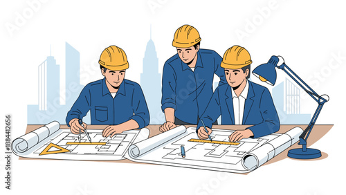 Professional team of architects wearing yellow hard hats working together on detailed building blueprints at a large office desk.
