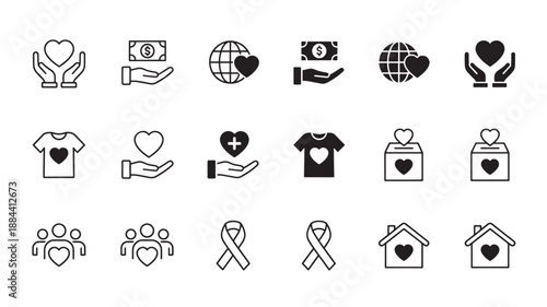 Charity and donation icons set hands hearts globe on transparent background silhouette