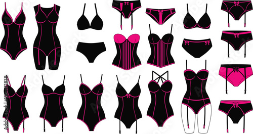 Black and pink lingerie silhouettes collection featuring corsets, bodysuits, bras and panties isolated on white background for fashion design, underwear branding and feminine apparel concepts