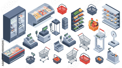 Comprehensive set of isometric supermarket elements featuring shelves, cash registers, shopping carts, baskets, and refrigerated cases.