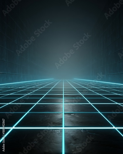 Neon Grid in Cyber Space: An immersive digital realm springs to life with a captivating neon grid, suggesting depth and movement. It is an exploration of the digital world.