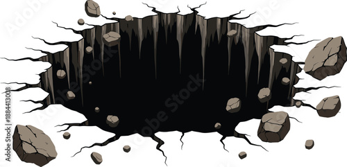 Dark Hole with Jagged Edges and Scattered Rocks on White Background black abyss void