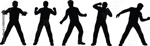 Five black male silhouettes in various active poses on white background person figure