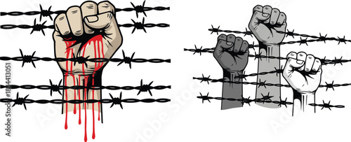 Fists breaking through barbed wire protest resistance freedom