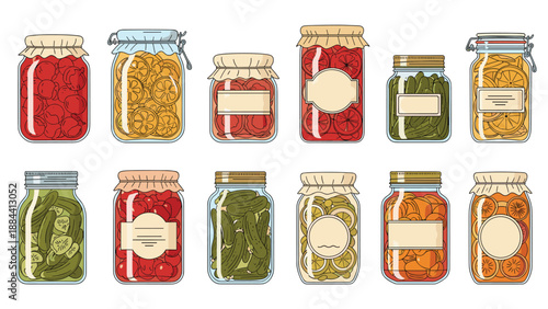 Row of various glass jars containing preserved and pickled vegetables like cucumbers, tomatoes, and lemons with labels.