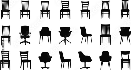 Black chair silhouettes collection featuring modern, classic, office and dining seating furniture designs isolated on white background for interior design, furniture catalogs, icons and decor concepts