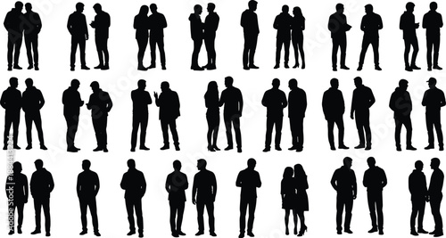 Black business people silhouettes showing standing groups talking and networking isolated on white background for corporate communication, teamwork, social interaction and presentation design