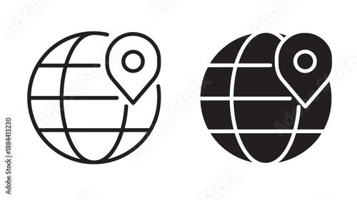 Two globe icons with location markers distinct styles on transparent background silhouette