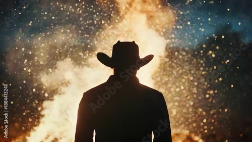 Wallpaper Mural A silhouetted figure in a cowboy hat stands before an explosion of sparks and light Torontodigital.ca