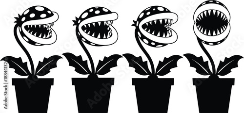 Four black silhouette cartoon piranha plants in pots with sharp teeth and spots black and white