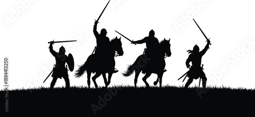 Four black silhouette medieval knights on horseback and one standing with swords raised against white background