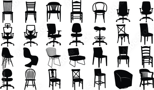 Black chair silhouettes collection featuring office, dining, modern and classic seating furniture designs isolated on white background for interior design, furniture catalog, and decor concepts