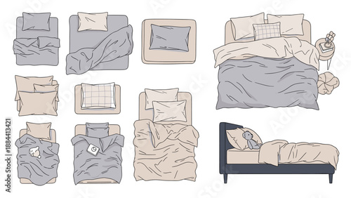 Collection of top and side view illustrations of various sized beds with pillows and blankets in a soft color palette.