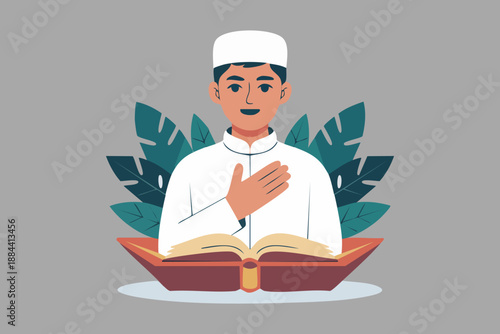 Flat vector illustration of a Muslim man reading the Quran, representing Islamic faith, spirituality, learning, and religious devotion.
