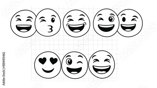 Set of expressive emoji faces with various emotions like happy, winking, and heart-eyes in a simple outline style.