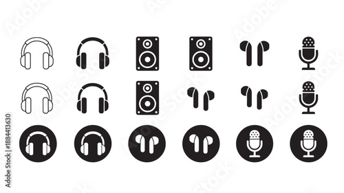 Audio equipment icons set headphones and microphones isolated on transparent background silhouette