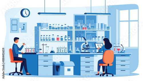 Professional scientists conducting research and experiments in a modern laboratory equipped with microscopes and glassware.