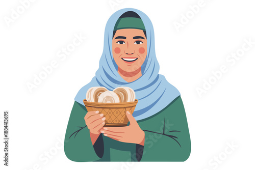 Vector illustration of a Muslim woman holding bread, symbolizing daily life, food, hospitality, and traditional lifestyle.
