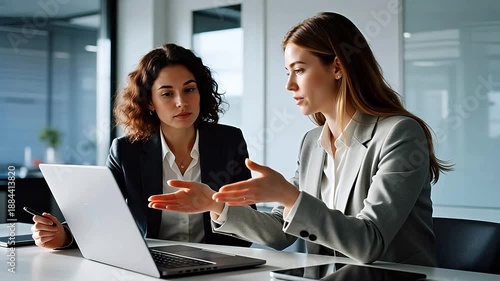 Two women in business attire discussing at a laptop