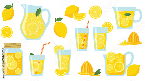 Refreshing collection of lemonade illustrations featuring pitchers, glasses with straws, whole lemons, and citrus slices.