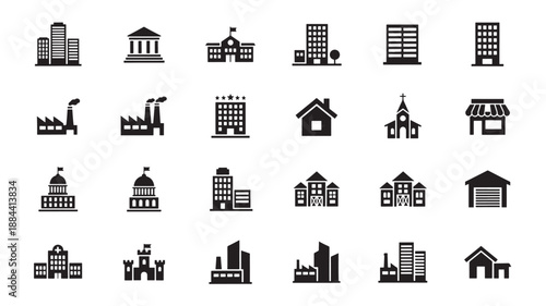 Black building icons set architectural structures urban cityscape on transparent background silhouette