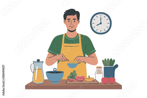 Vector illustration of a man cooking in the kitchen, representing home cooking, healthy lifestyle, food preparation, and daily life activities.
