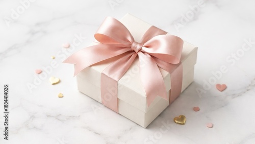 Gift box with a pink ribbon and decorative hearts on a marble surface.