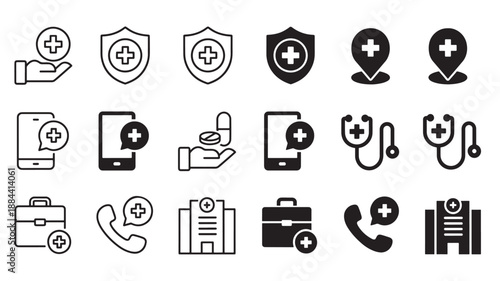 Medical icons collection with healthcare symbols plus signs on transparent background silhouette