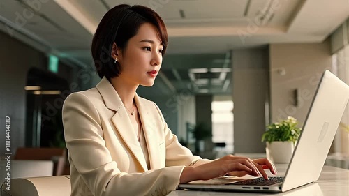 Woman in business suit working on laptop