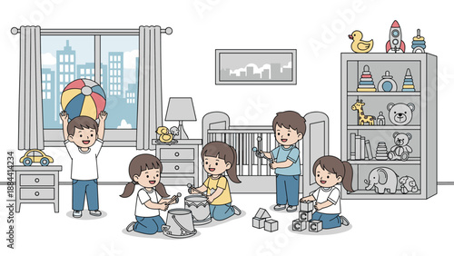 Cheerful scene of young children playing with musical instruments, blocks, and balls in a well-equipped nursery room.
