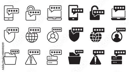 Digital security icons depicting various devices with lock screens on transparent background silhouette