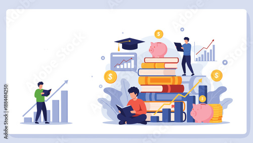 Creative illustration exploring the financial aspects of education, featuring students, money symbols, books, and piggy banks.