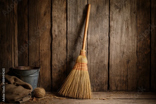 Wallpaper Mural Rustic broom and bucket against a textured wooden background. Torontodigital.ca