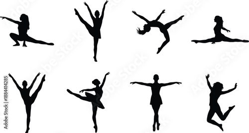 Ballet Dancer Silhouettes Collection Showing Female Dancers Performing Elegant Jumps, Splits and Classical Poses for Dance Art, Performance, Fitness and Creative Design Illustration