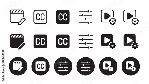 Black media controls and settings icons on transparent background silhouette