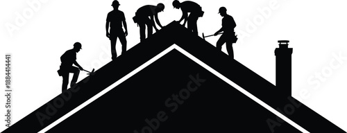 Silhouette of construction workers on a roof silhouettes black
