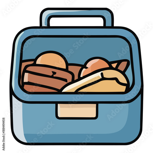 Vibrant cartoon of an open lunchbox, packed with a wholesome, convenient, and portable meal. Ideal for school, work, or daily outings, encouraging healthy eating