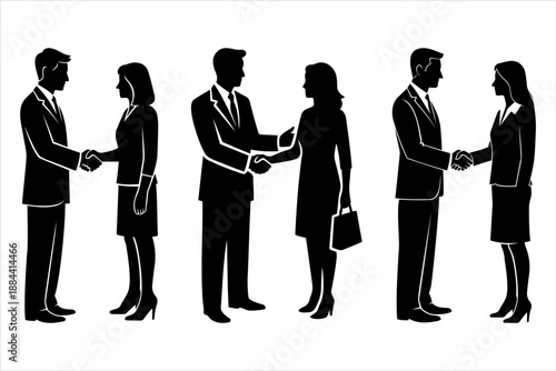 Corporate agreement handshake silhouette vector set. Professional partnership handshake scene. Man and woman handshake silhouette design. Business deal scene. Teamwork Handshake.