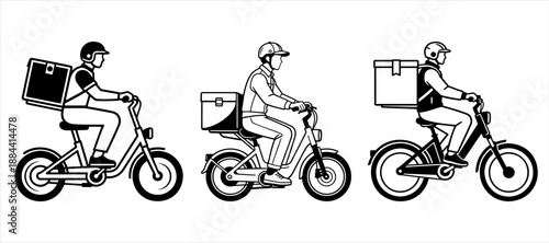 Delivery man riding bicycle with delivery bag vector silhouette design. Product delivery rider on bicycle. Courier delivery service. Home delivery rider on bicycle. E-commerce deliveryman carry bag.