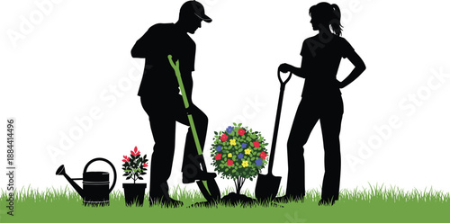 Silhouette of man and woman planting flowers in garden with tools people silhouettes